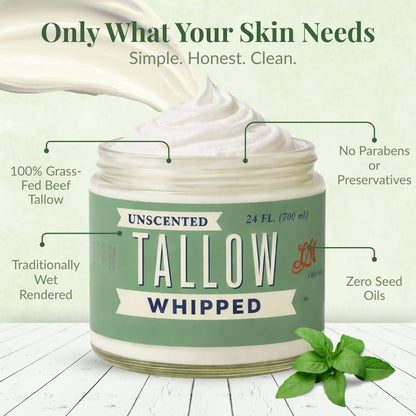 Lady May Tallow Whipped Tallow 24oz - All Natural Face Cream & Body Moisturizer for Dry Skin - No Preservatives, Parabens or Seed Oils - 100% Pure, Unscented - USA Made Avelisse