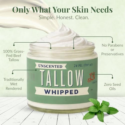 Lady May Tallow Whipped Tallow 24oz - All Natural Face Cream & Body Moisturizer for Dry Skin - No Preservatives, Parabens or Seed Oils - 100% Pure, Unscented - USA Made Avelisse