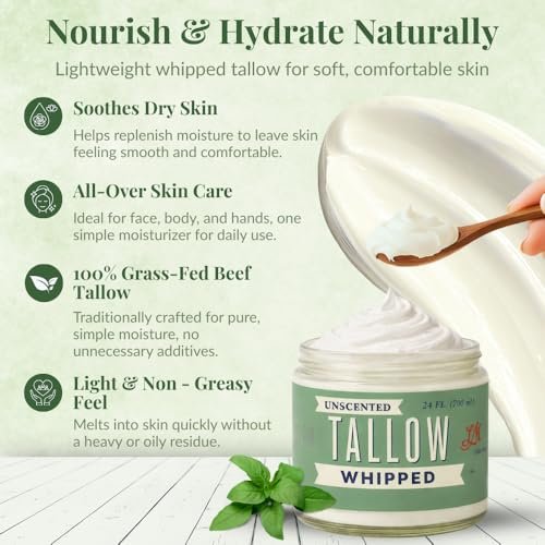 Lady May Tallow Whipped Tallow 24oz - All Natural Face Cream & Body Moisturizer for Dry Skin - No Preservatives, Parabens or Seed Oils - 100% Pure, Unscented - USA Made Avelisse