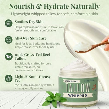 Lady May Tallow Whipped Tallow 24oz - All Natural Face Cream & Body Moisturizer for Dry Skin - No Preservatives, Parabens or Seed Oils - 100% Pure, Unscented - USA Made Avelisse
