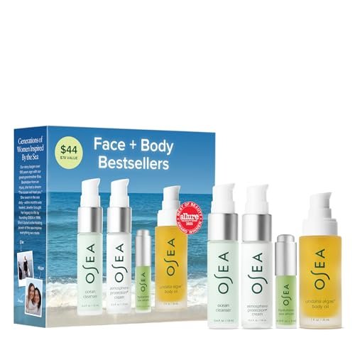 OSEA Bestsellers Set For Face + Body - 4-Piece Clean Beauty Travel Set with Body Oil, Face Cleanser, Face Cream & Hyaluronic Acid Serum Avelisse