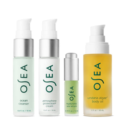 OSEA Bestsellers Set For Face + Body - 4-Piece Clean Beauty Travel Set with Body Oil, Face Cleanser, Face Cream & Hyaluronic Acid Serum Avelisse