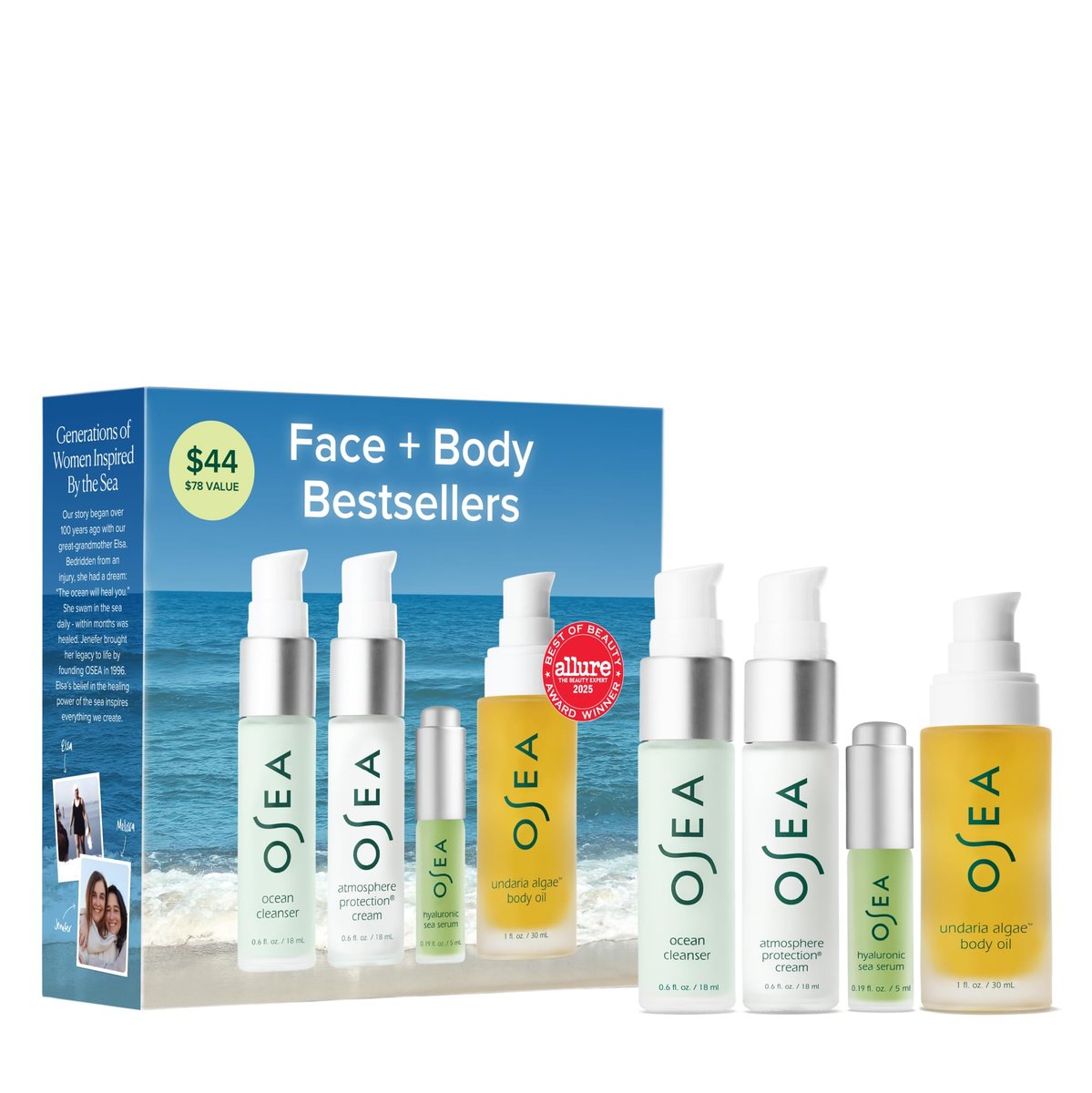 OSEA Bestsellers Set For Face + Body - 4-Piece Clean Beauty Travel Set with Body Oil, Face Cleanser, Face Cream & Hyaluronic Acid Serum Avelisse