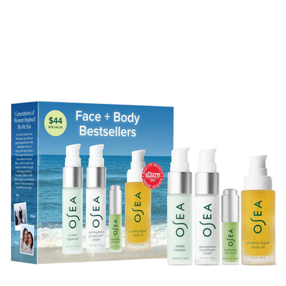 OSEA Bestsellers Set For Face + Body - 4-Piece Clean Beauty Travel Set with Body Oil, Face Cleanser, Face Cream & Hyaluronic Acid Serum Avelisse
