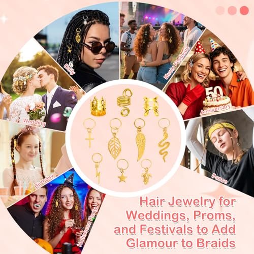 324 Pcs Gold and Silver Hair Jewelry for Braids, Dreadlock Accessories for Women Men - Metal Hair Cuffs, Rings, Clips, Charms, Beads for Braids, Locs - Perfect for Parties, Festivals, Weddings, Daily Styling - görsel 10