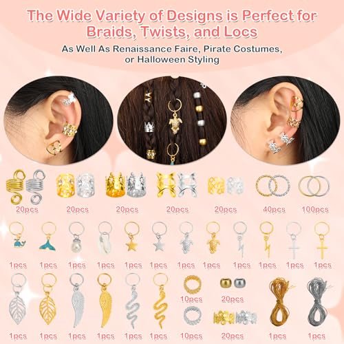 324 Pcs Gold and Silver Hair Jewelry for Braids, Dreadlock Accessories for Women Men - Metal Hair Cuffs, Rings, Clips, Charms, Beads for Braids, Locs - Perfect for Parties, Festivals, Weddings, Daily Styling - görsel 8