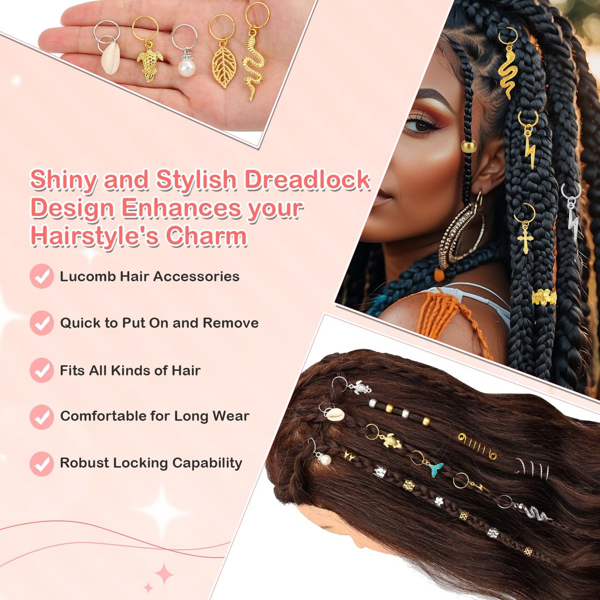 324 Pcs Gold and Silver Hair Jewelry for Braids, Dreadlock Accessories for Women Men - Metal Hair Cuffs, Rings, Clips, Charms, Beads for Braids, Locs - Perfect for Parties, Festivals, Weddings, Daily Styling - görsel 3