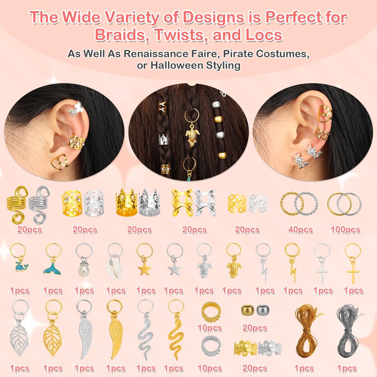 324 Pcs Gold and Silver Hair Jewelry for Braids, Dreadlock Accessories for Women Men - Metal Hair Cuffs, Rings, Clips, Charms, Beads for Braids, Locs - Perfect for Parties, Festivals, Weddings, Daily Styling - görsel 7