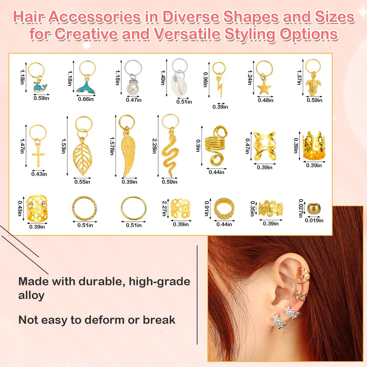 324 Pcs Gold and Silver Hair Jewelry for Braids, Dreadlock Accessories for Women Men - Metal Hair Cuffs, Rings, Clips, Charms, Beads for Braids, Locs - Perfect for Parties, Festivals, Weddings, Daily Styling - görsel 5