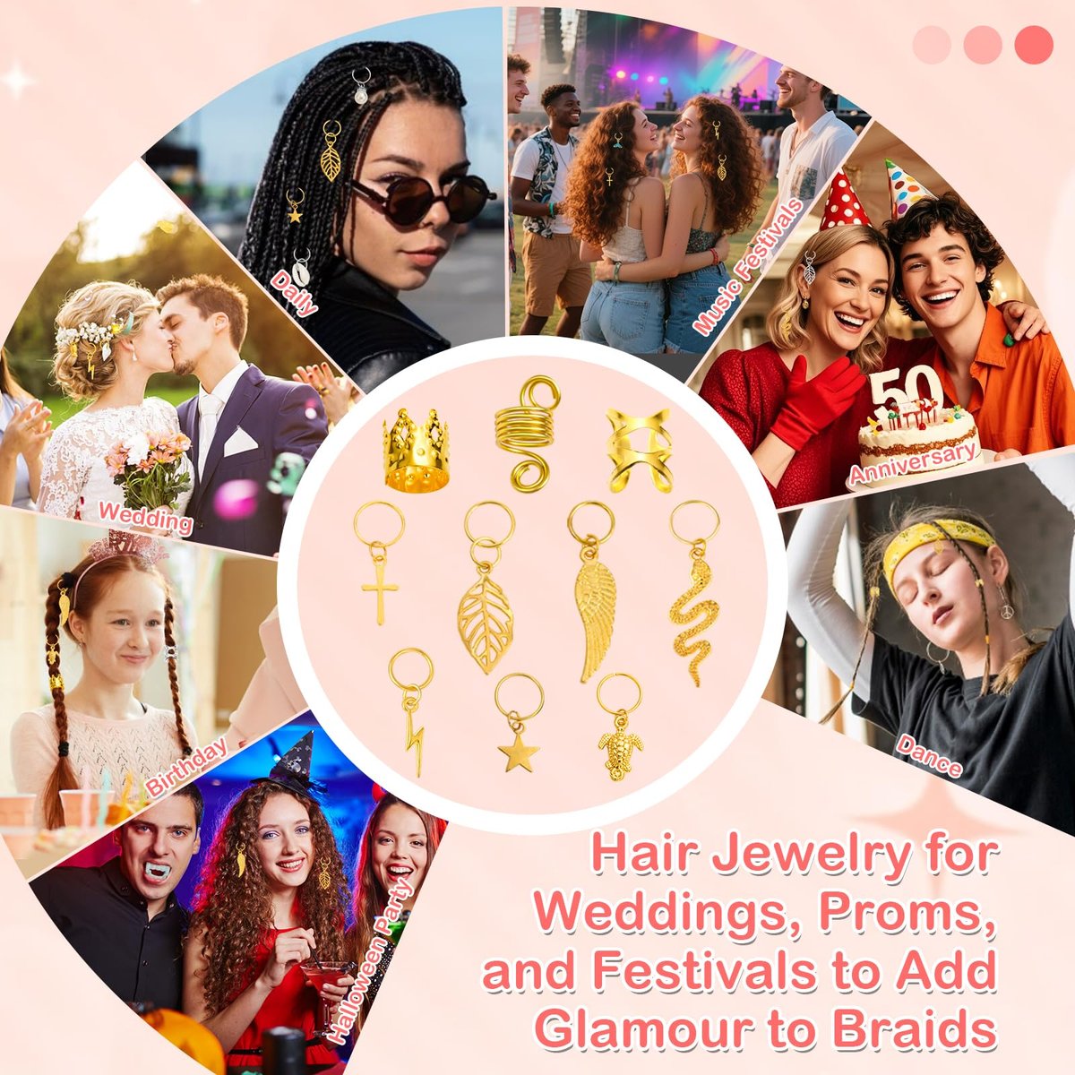 324 Pcs Gold and Silver Hair Jewelry for Braids, Dreadlock Accessories for Women Men - Metal Hair Cuffs, Rings, Clips, Charms, Beads for Braids, Locs - Perfect for Parties, Festivals, Weddings, Daily Styling - görsel 9