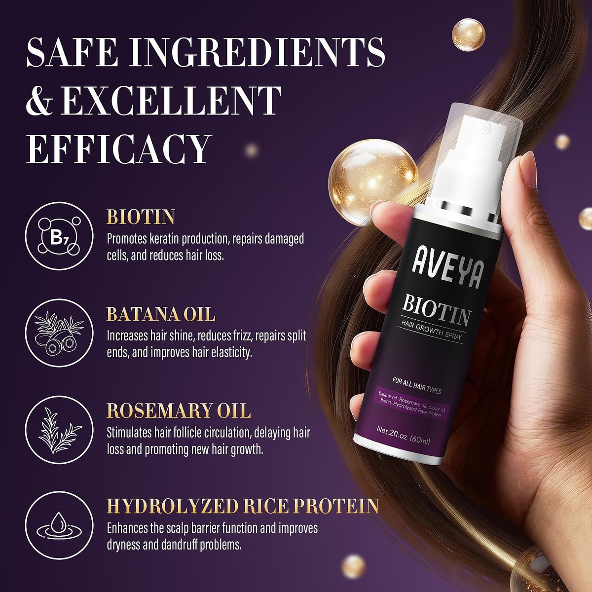 AVEYA Hair Growth Serum for Women & Men – Rosemary Oil, Batana Oil & Biotin – Strengthens, Thickens & Accelerates Hair Care – Non-Greasy – Helps Prevent Hair Thinning & Hair Loss – 60 ml Avelisse