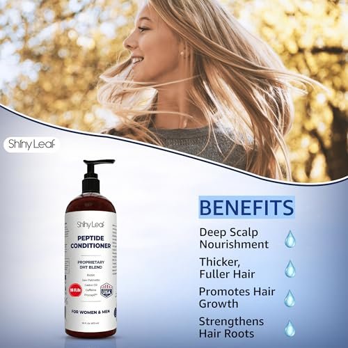 Shiny Leaf Peptide Conditioner for Hair Thinning - DHT Blocker with Biotin, Caffeine & Saw Palmetto - Sulfate Free Thickening Formula for Women & Men, Color Safe for All Hair Types, 16 fl oz Avelisse