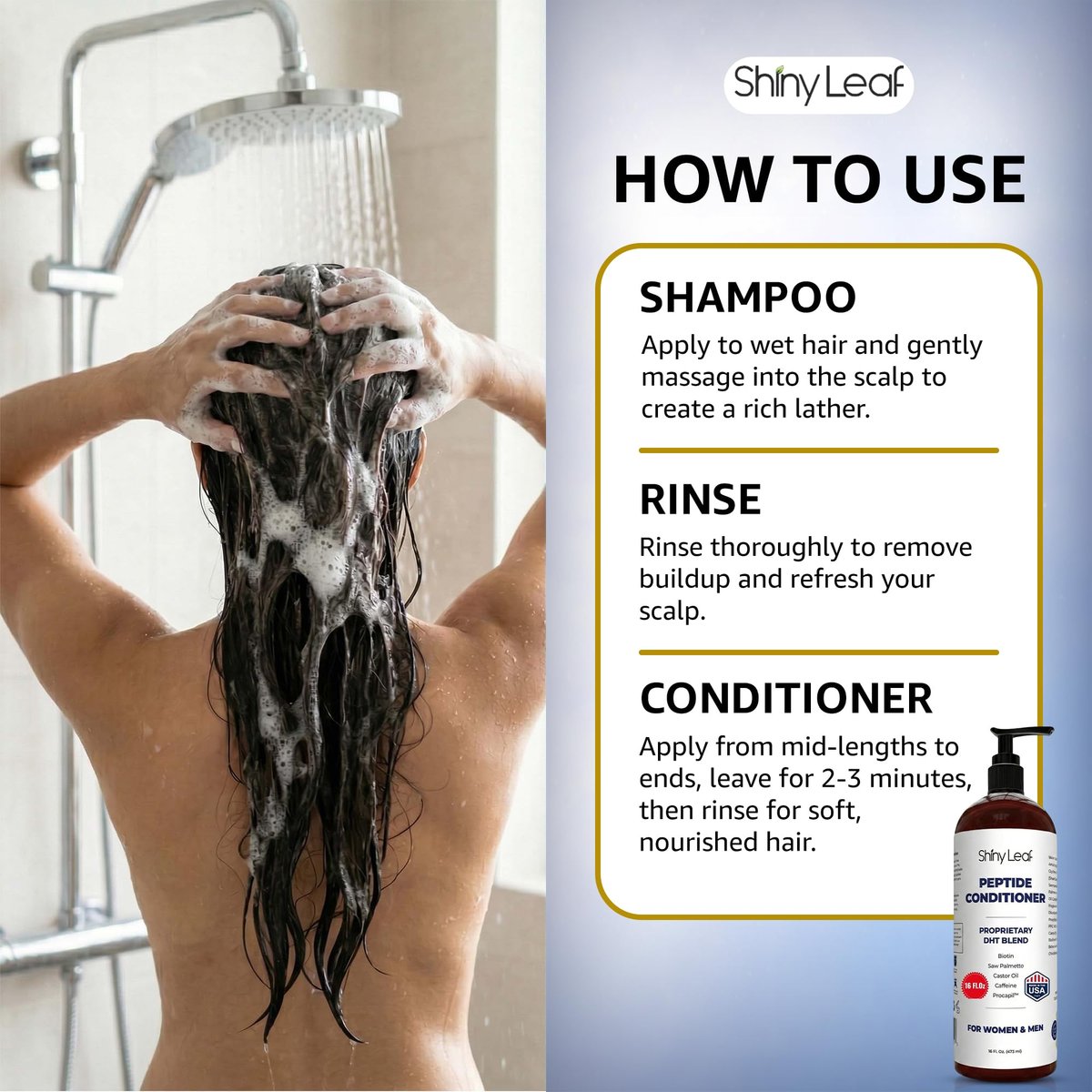 Shiny Leaf Peptide Conditioner for Hair Thinning - DHT Blocker with Biotin, Caffeine & Saw Palmetto - Sulfate Free Thickening Formula for Women & Men, Color Safe for All Hair Types, 16 fl oz Avelisse