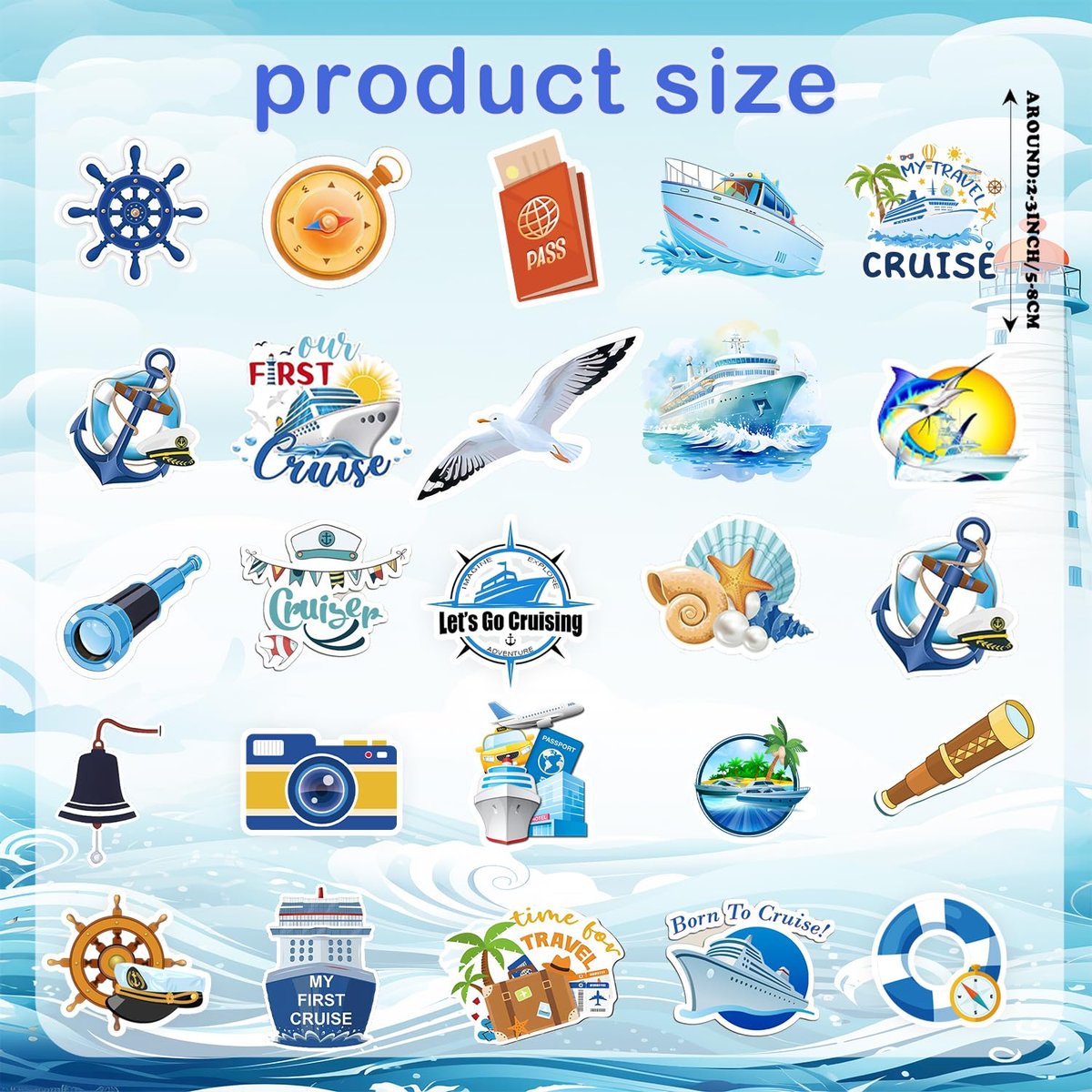 100 PCS Cruise Travel Stickers - Nautical Vacation Vinyl Stickers for Luggage, Laptop, Water Bottle, Journal, Scrapbook - görsel 5