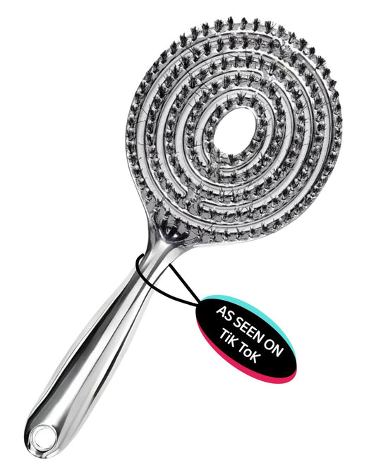 Vented Hair Brush for Quick Blow Drying - Natural Boar Bristles, Scalp Massage, Double Layer Design (Chrome Silver)