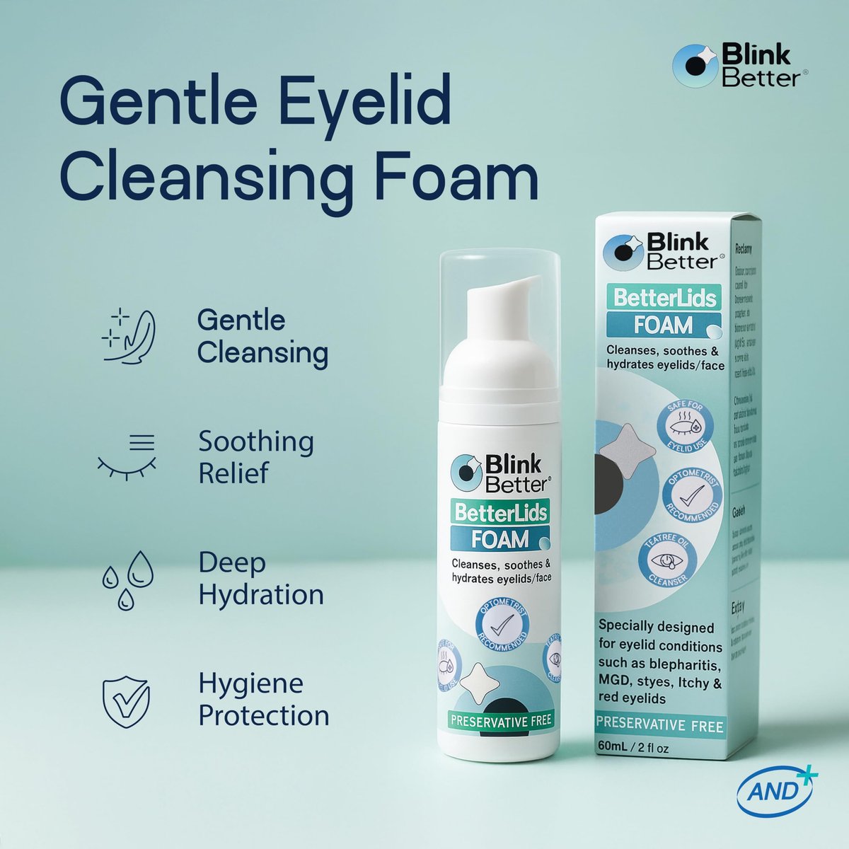 BlinkBetter BetterLids Foaming Eyelid Cleanser – Gentle Daily Foam for Eyelids & Lashes – Soothing Tea Tree Oil Formula with Ectoin & Centella, Non-Stinging, Preservative-Free, 2 fl oz Avelisse