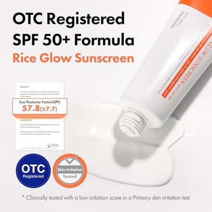 TOSOWOONG Rice Glow Sunscreen SPF50+ PA++++ - Korean Sunscreen for Face, Dewy Finish No White Cast, Glass Skin Hydrating SPF Moisturizer with Rice Water & Hyaluronic Acid, 50ml