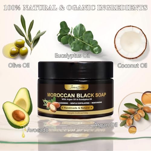 2 Pack Moroccan Black Soap Hammam with Exfoliating Glove – Argan Oil & Eucalyptus Body Scrub for Deep Cleansing & Soft Skin Avelisse