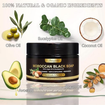 2 Pack Moroccan Black Soap Hammam with Exfoliating Glove – Argan Oil & Eucalyptus Body Scrub for Deep Cleansing & Soft Skin Avelisse