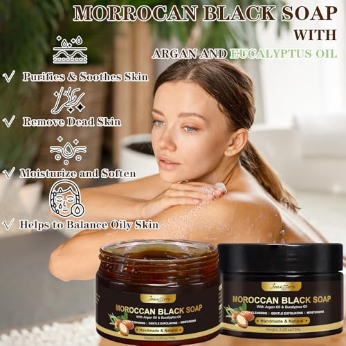 2 Pack Moroccan Black Soap Hammam with Exfoliating Glove – Argan Oil & Eucalyptus Body Scrub for Deep Cleansing & Soft Skin Avelisse