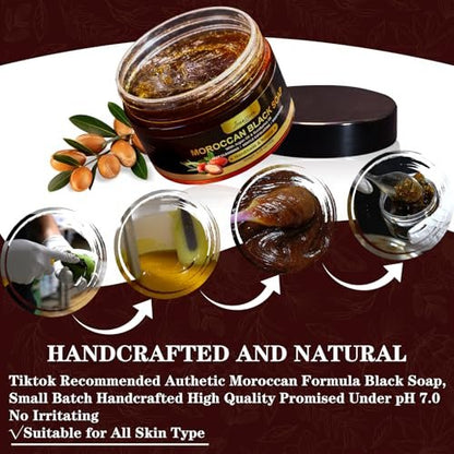 2 Pack Moroccan Black Soap Hammam with Exfoliating Glove – Argan Oil & Eucalyptus Body Scrub for Deep Cleansing & Soft Skin Avelisse