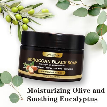 2 Pack Moroccan Black Soap Hammam with Exfoliating Glove – Argan Oil & Eucalyptus Body Scrub for Deep Cleansing & Soft Skin Avelisse