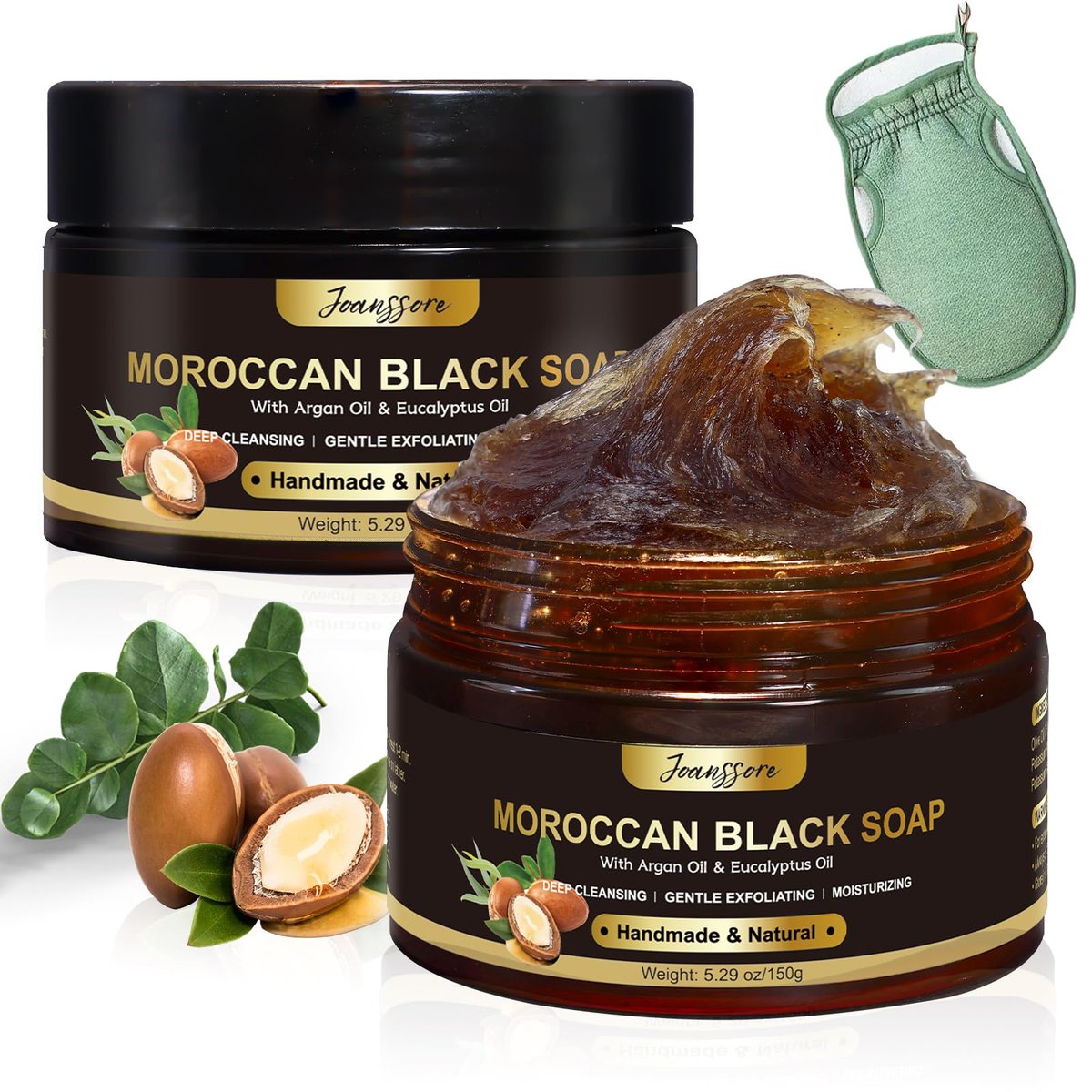 2 Pack Moroccan Black Soap Hammam with Exfoliating Glove – Argan Oil & Eucalyptus Body Scrub for Deep Cleansing & Soft Skin Avelisse