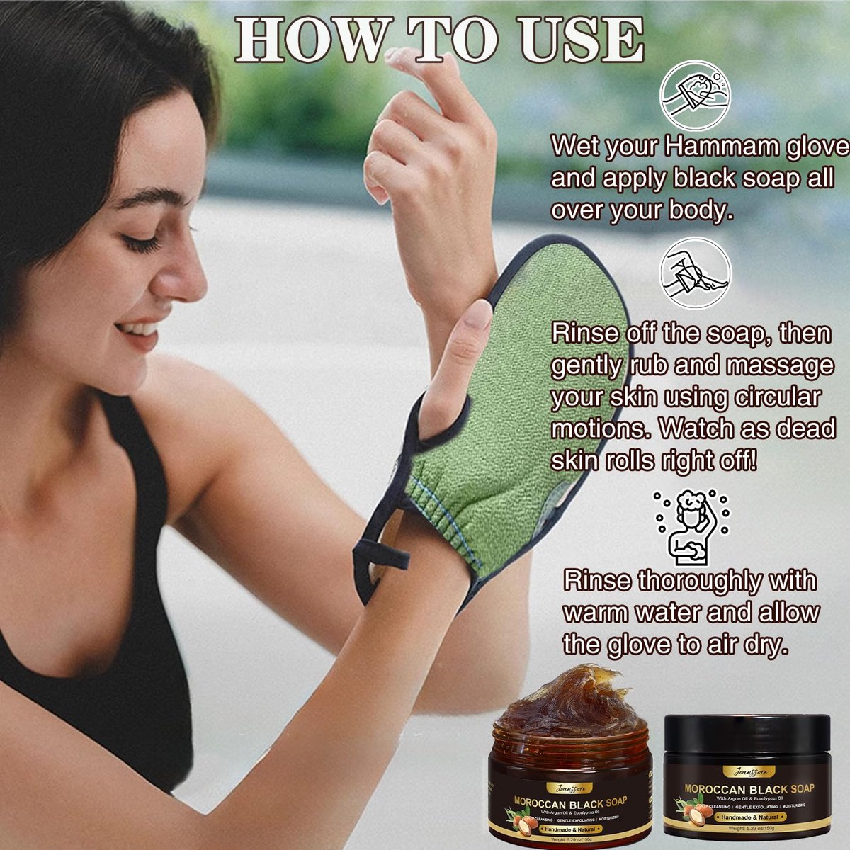 2 Pack Moroccan Black Soap Hammam with Exfoliating Glove – Argan Oil & Eucalyptus Body Scrub for Deep Cleansing & Soft Skin Avelisse