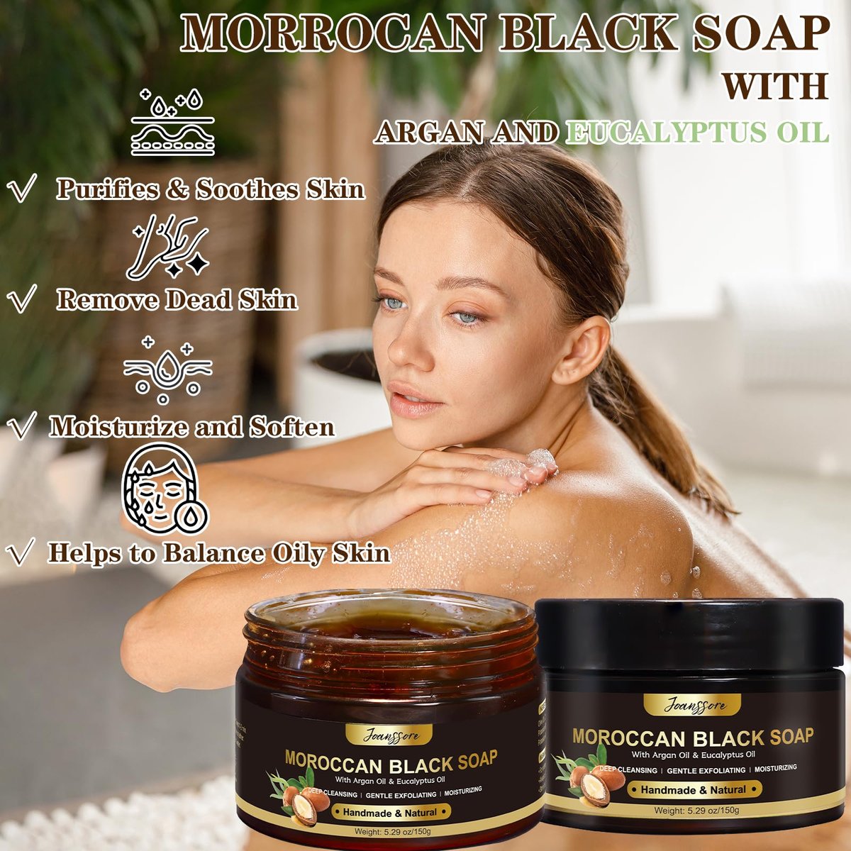 2 Pack Moroccan Black Soap Hammam with Exfoliating Glove – Argan Oil & Eucalyptus Body Scrub for Deep Cleansing & Soft Skin Avelisse