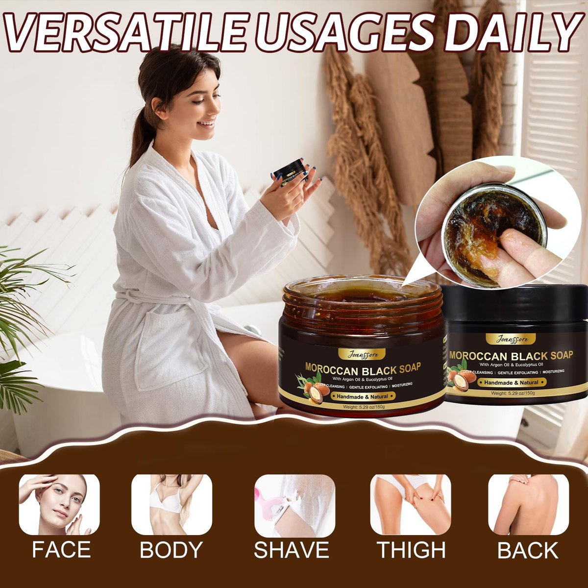 2 Pack Moroccan Black Soap Hammam with Exfoliating Glove – Argan Oil & Eucalyptus Body Scrub for Deep Cleansing & Soft Skin Avelisse