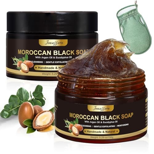 2 Pack Moroccan Black Soap Hammam with Exfoliating Glove – Argan Oil & Eucalyptus Body Scrub for Deep Cleansing & Soft Skin Avelisse