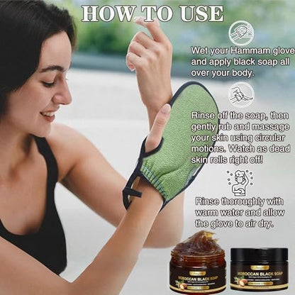 2 Pack Moroccan Black Soap Hammam with Exfoliating Glove – Argan Oil & Eucalyptus Body Scrub for Deep Cleansing & Soft Skin Avelisse