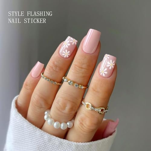 JMEOWIO Gel Nail Stickers - Flower Pink Semi Cured Gel Nail Strips Wraps UV/LED Nails Art Design Decoration Accessories - görsel 4