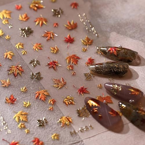 Gold Autumn Maple Leaves Nail Stickers - 5D Embossed Fall Maple Leaf Nail Art Decals, Self-Adhesive Thanksgiving Nail Decorations for Women (2 Sheets) - görsel 6