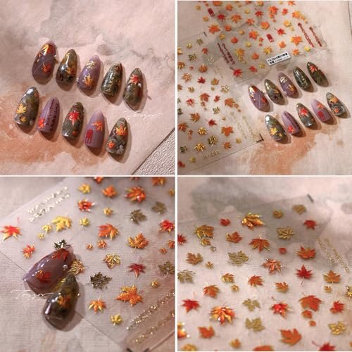 Gold Autumn Maple Leaves Nail Stickers - 5D Embossed Fall Maple Leaf Nail Art Decals, Self-Adhesive Thanksgiving Nail Decorations for Women (2 Sheets) - görsel 12
