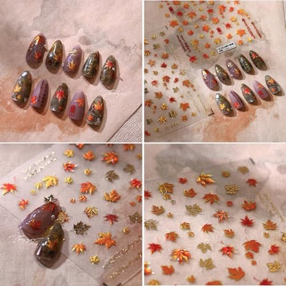 Gold Autumn Maple Leaves Nail Stickers - 5D Embossed Fall Maple Leaf Nail Art Decals, Self-Adhesive Thanksgiving Nail Decorations for Women (2 Sheets)