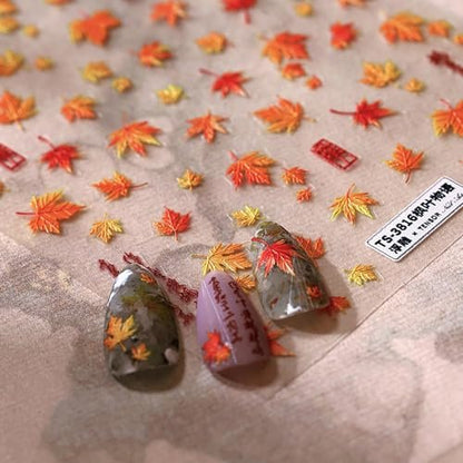 Gold Autumn Maple Leaves Nail Stickers - 5D Embossed Fall Maple Leaf Nail Art Decals, Self-Adhesive Thanksgiving Nail Decorations for Women (2 Sheets)