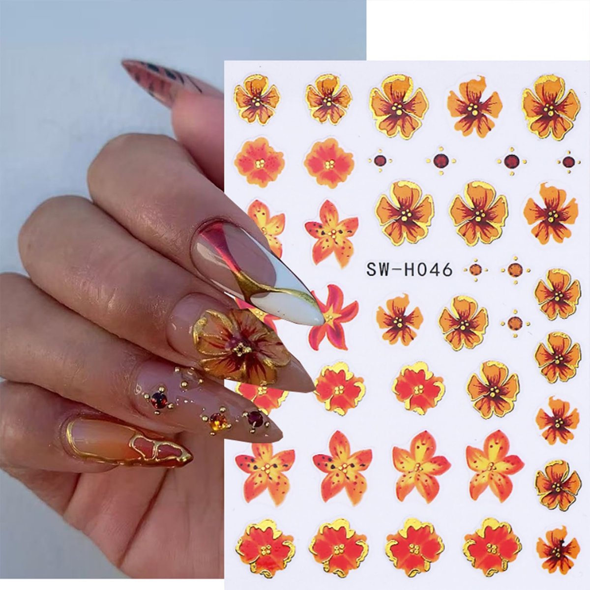 QEYRIYI Flower Nail Stickers - 3D Self-Adhesive Lily, Hibiscus, Tulip Floral Nail Decals for Women DIY Manicure (4 Sheets, Multicolour) - görsel 3
