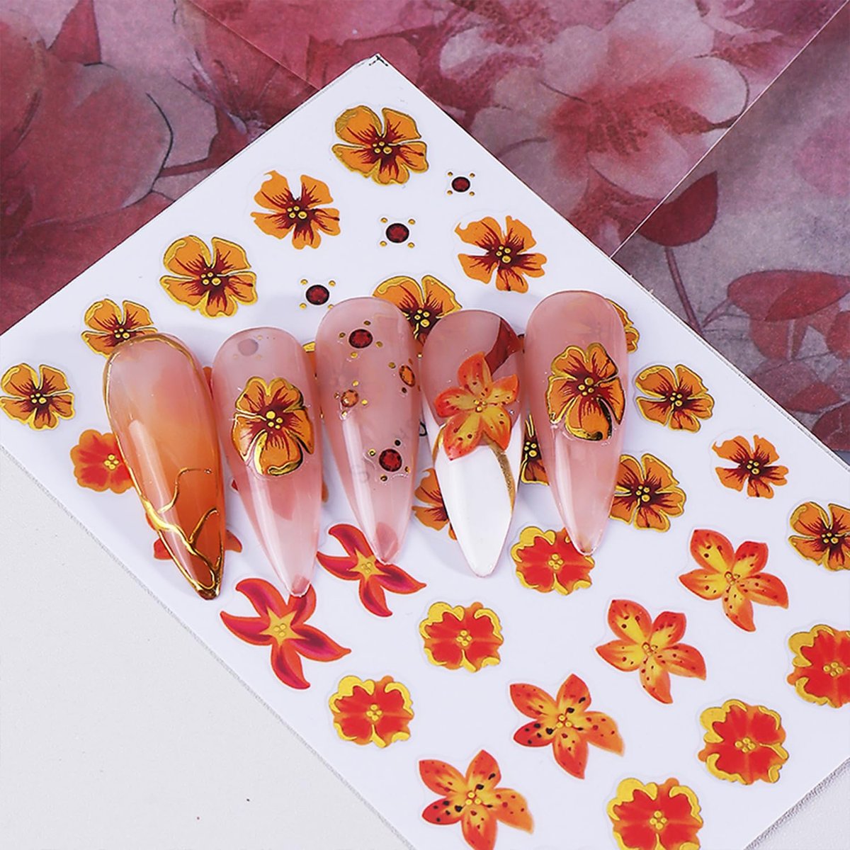 QEYRIYI Flower Nail Stickers - 3D Self-Adhesive Lily, Hibiscus, Tulip Floral Nail Decals for Women DIY Manicure (4 Sheets, Multicolour) - görsel 9