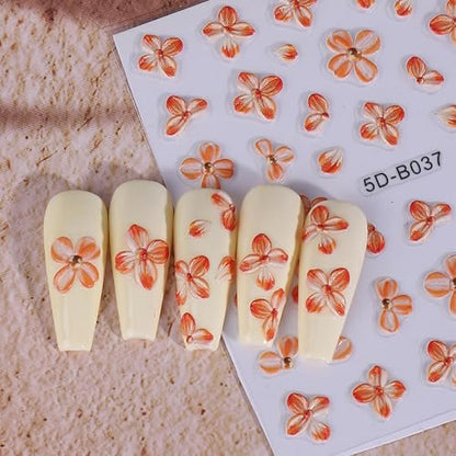 QEYRIYI Flower Nail Stickers - 3D Self-Adhesive Lily, Hibiscus, Tulip Floral Nail Decals for Women DIY Manicure (4 Sheets, Multicolour)
