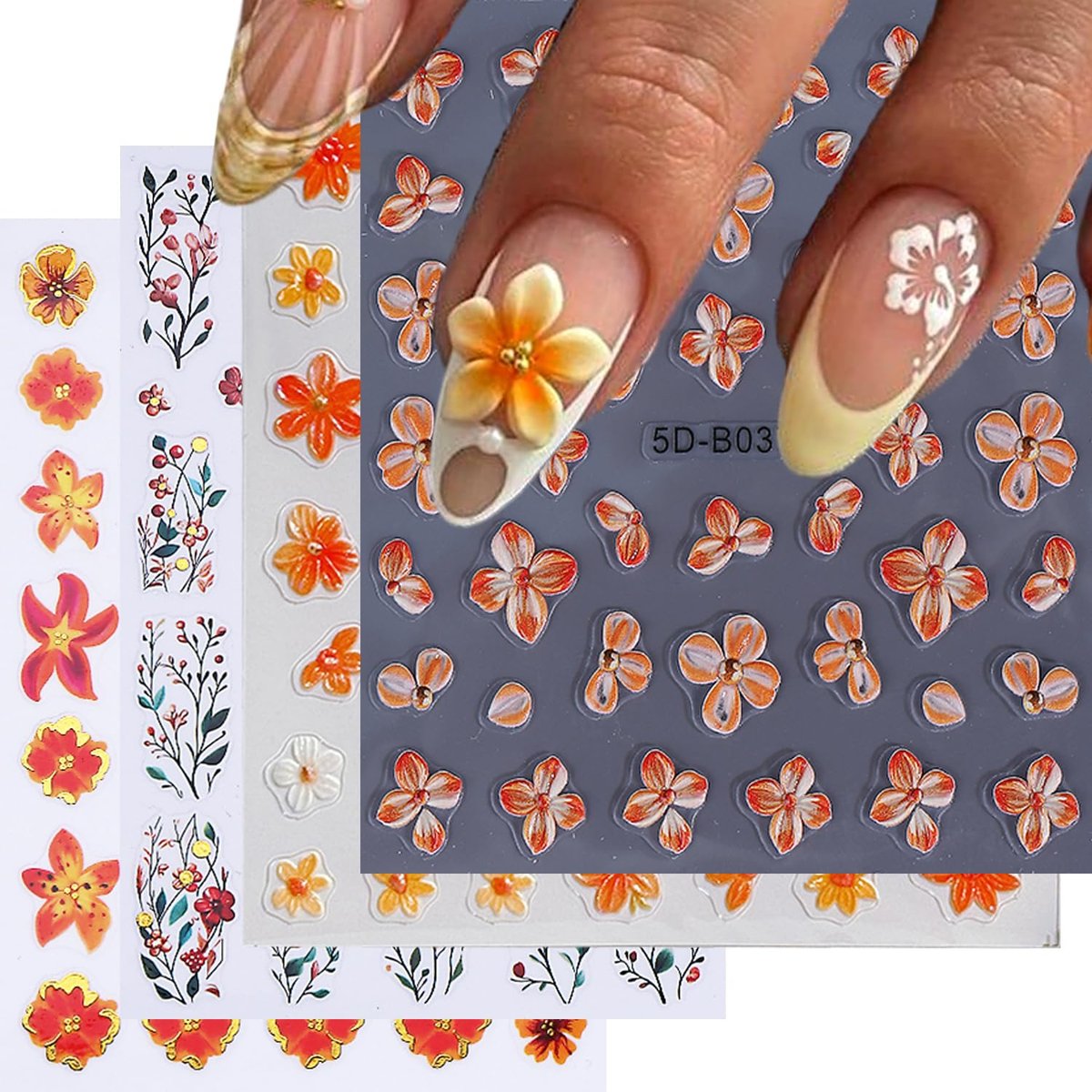 QEYRIYI Flower Nail Stickers - 3D Self-Adhesive Lily, Hibiscus, Tulip Floral Nail Decals for Women DIY Manicure (4 Sheets, Multicolour) - görsel 1