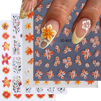 QEYRIYI Flower Nail Stickers - 3D Self-Adhesive Lily, Hibiscus, Tulip Floral Nail Decals for Women DIY Manicure (4 Sheets, Multicolour)
