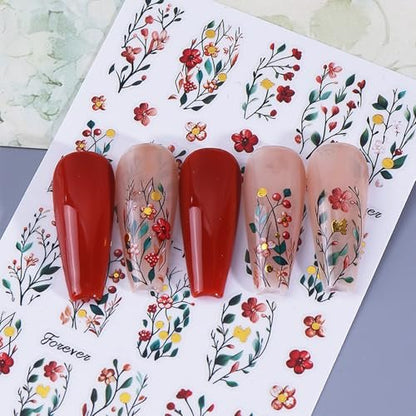 QEYRIYI Flower Nail Stickers - 3D Self-Adhesive Lily, Hibiscus, Tulip Floral Nail Decals for Women DIY Manicure (4 Sheets, Multicolour)