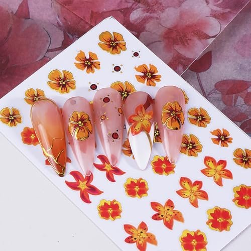QEYRIYI Flower Nail Stickers - 3D Self-Adhesive Lily, Hibiscus, Tulip Floral Nail Decals for Women DIY Manicure (4 Sheets, Multicolour) - görsel 10