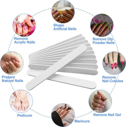 White Nail Files (12 Pack) - Professional 100/180 Grit Double-Sided Emery Boards for Natural Nails, Acrylics & Gels, Durable Fingernail and Toenail File Kit for Manicure & Pedicure