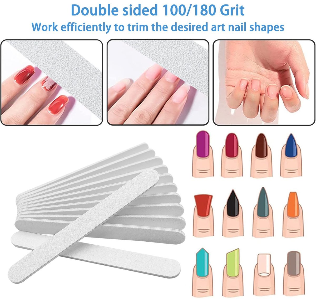 White Nail Files (12 Pack) - Professional 100/180 Grit Double-Sided Emery Boards for Natural Nails, Acrylics & Gels, Durable Fingernail and Toenail File Kit for Manicure & Pedicure - görsel 3