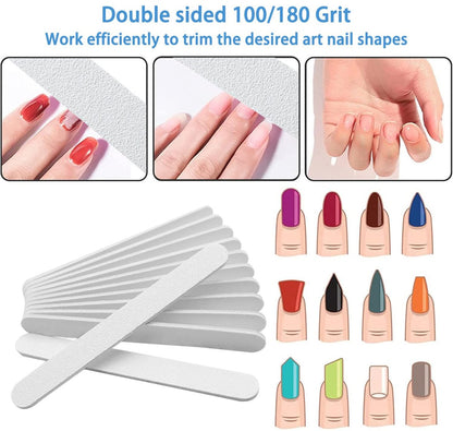White Nail Files (12 Pack) - Professional 100/180 Grit Double-Sided Emery Boards for Natural Nails, Acrylics & Gels, Durable Fingernail and Toenail File Kit for Manicure & Pedicure