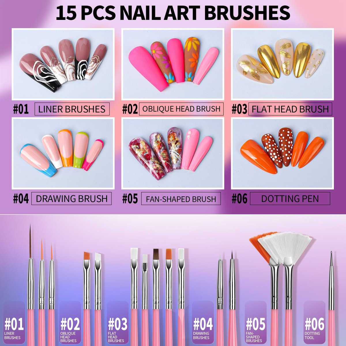 FANDAMEI 15-Piece Nail Art Tools Set - Acrylic Nail Brush, Nail Stand, Rhinestones, Dotting Tool, and More for Professional Nail Design - görsel 3