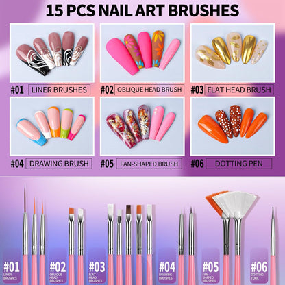 FANDAMEI 15-Piece Nail Art Tools Set - Acrylic Nail Brush, Nail Stand, Rhinestones, Dotting Tool, and More for Professional Nail Design