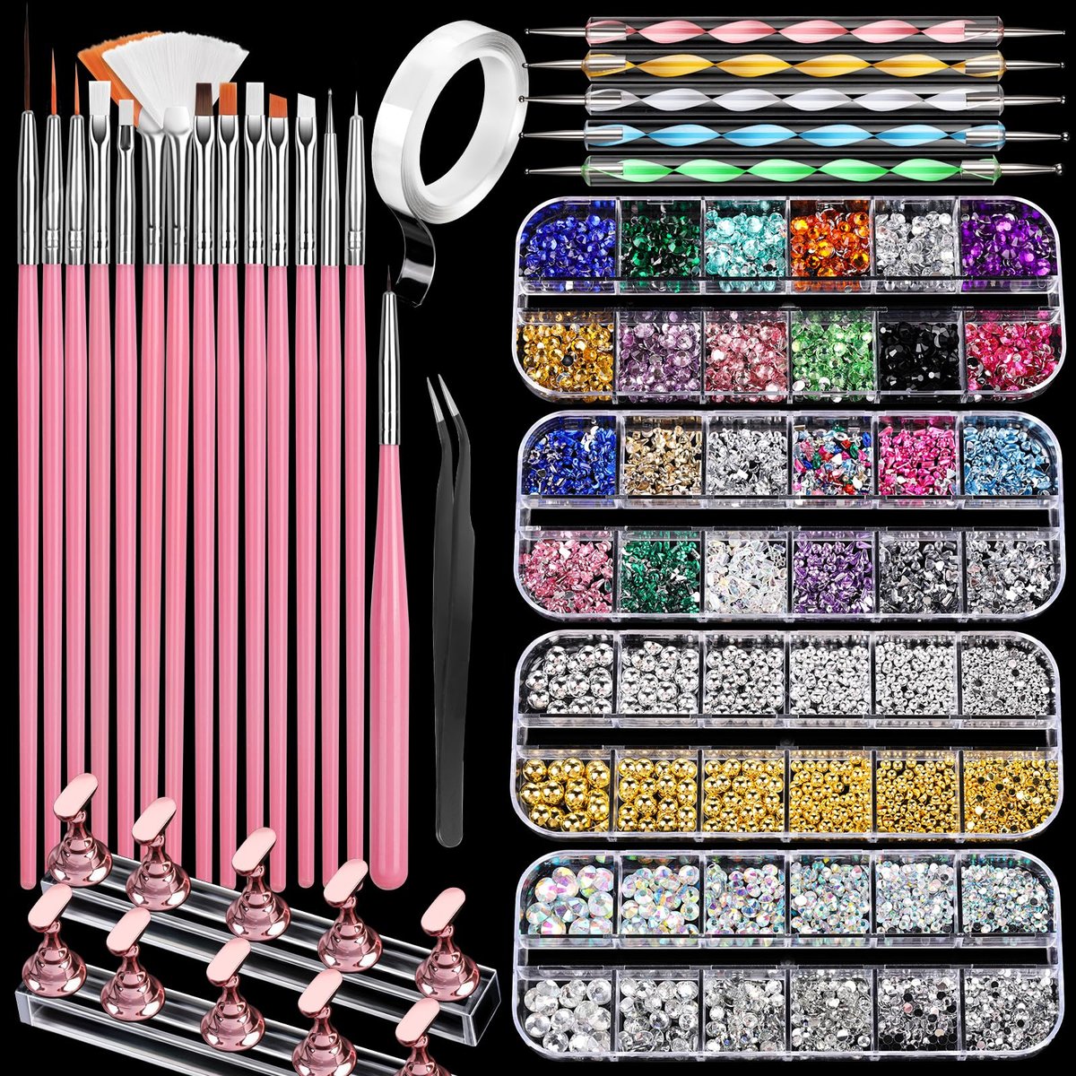 FANDAMEI 15-Piece Nail Art Tools Set - Acrylic Nail Brush, Nail Stand, Rhinestones, Dotting Tool, and More for Professional Nail Design - görsel 1